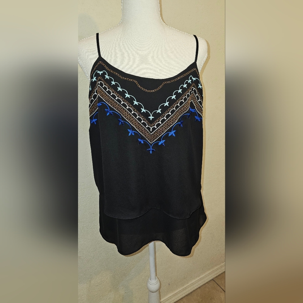 Apt. 9 Black Top with Blue and Brown Embroidery